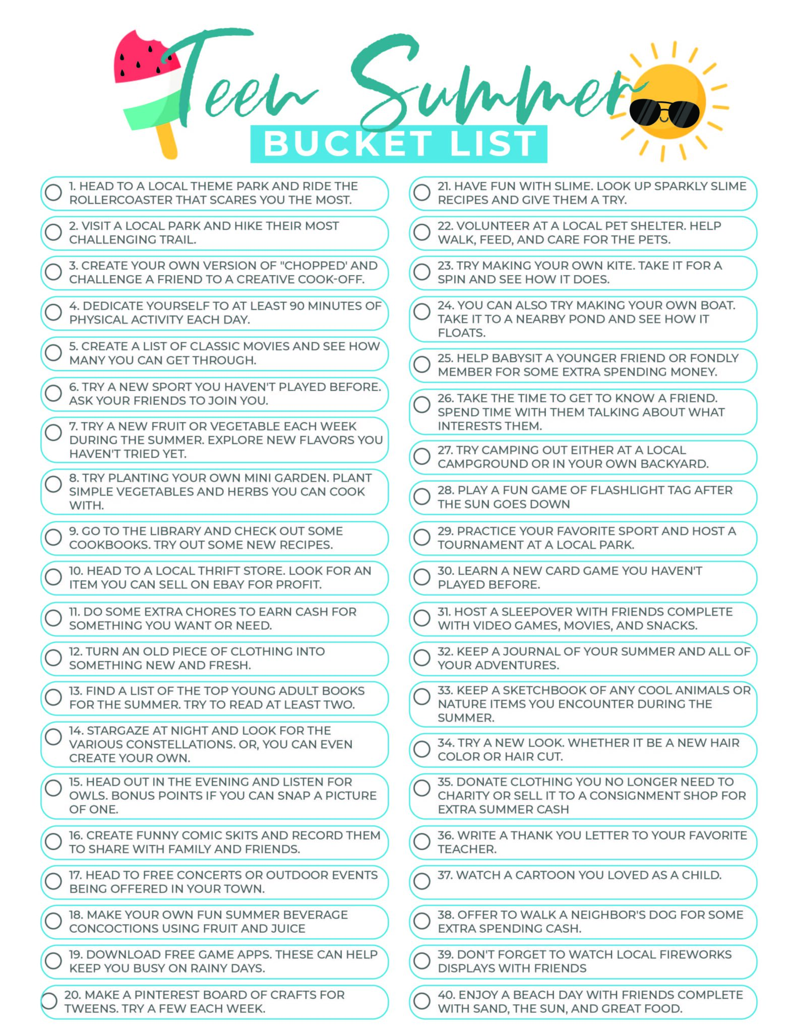 Summer Bucket List For Teens Summer Bucket List Printable 1031