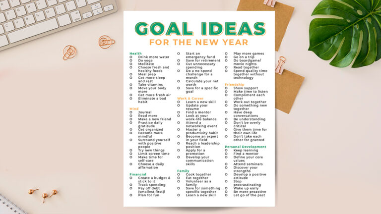 Goal Ideas for 2024 | Free Printable Goal List For The New Year