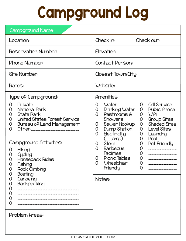 Free Camping Log Printables