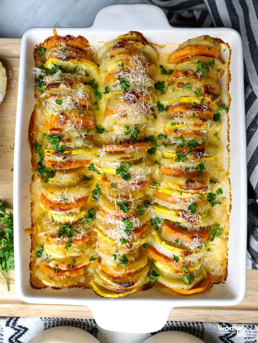 Creamy Potatoes Au Gratin with Onion + Squash