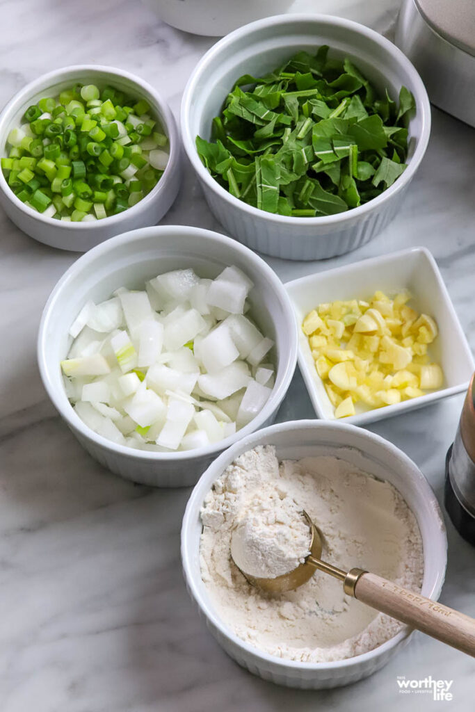 fresh ingredients in white bowls