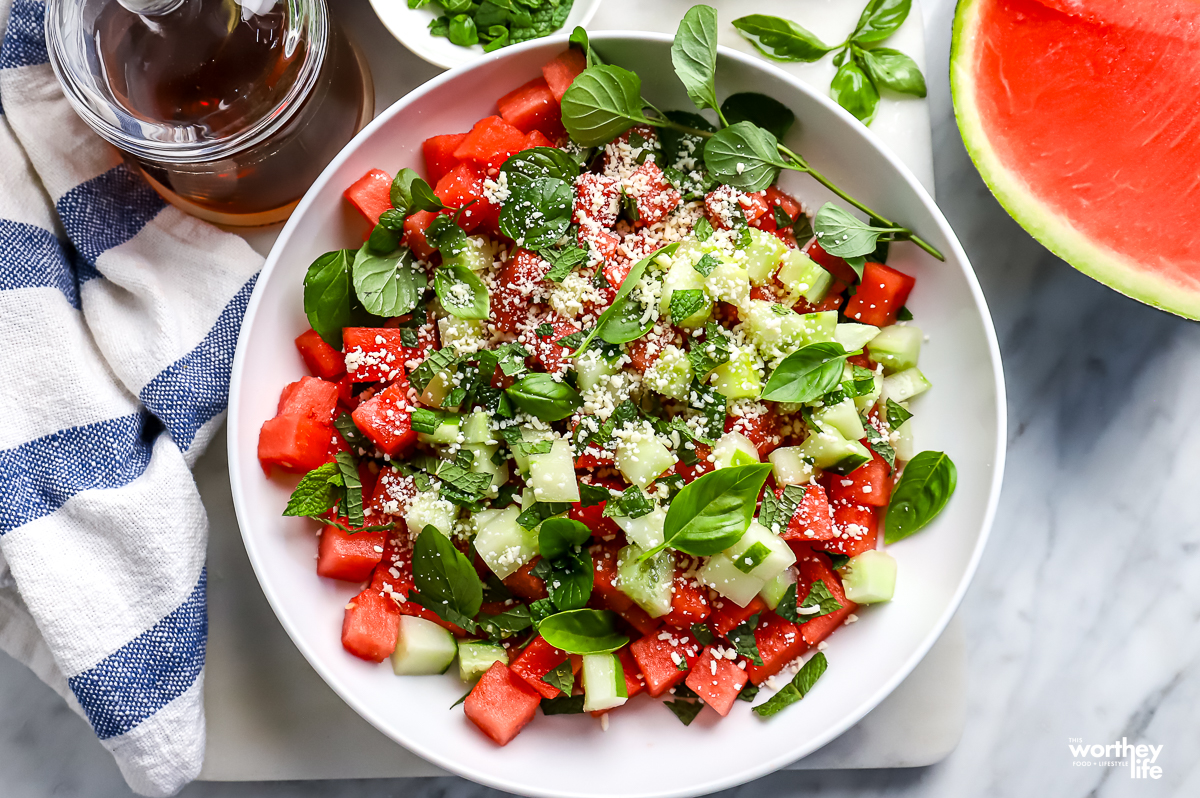 Watermelon Cucumber Basil Salad