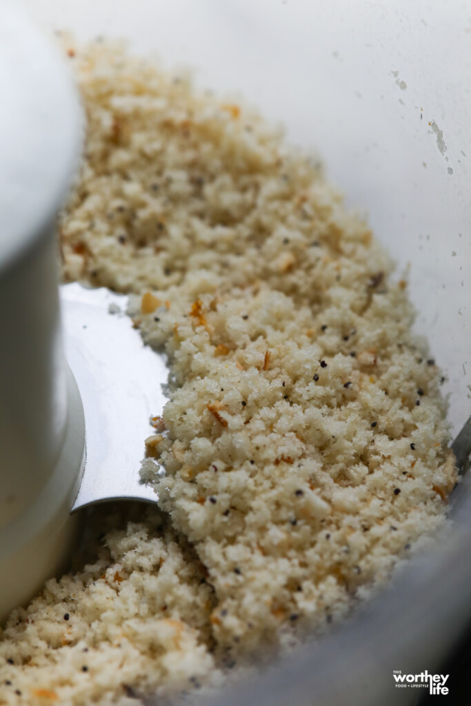 Homemade breadcrumbs made using an everything bagel pulsed in a food processor.