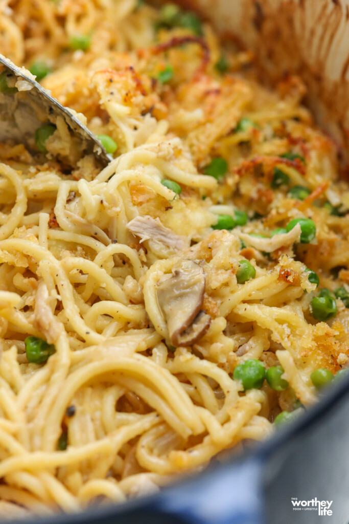 pasta and turkey dish in a dutch oven