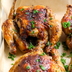 Cornish Hens on parchment paper