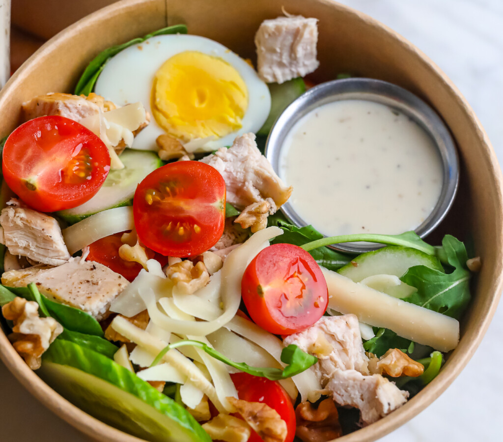 loaded chicken salad in a bowl