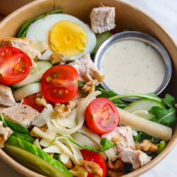 loaded chicken salad in a bowl