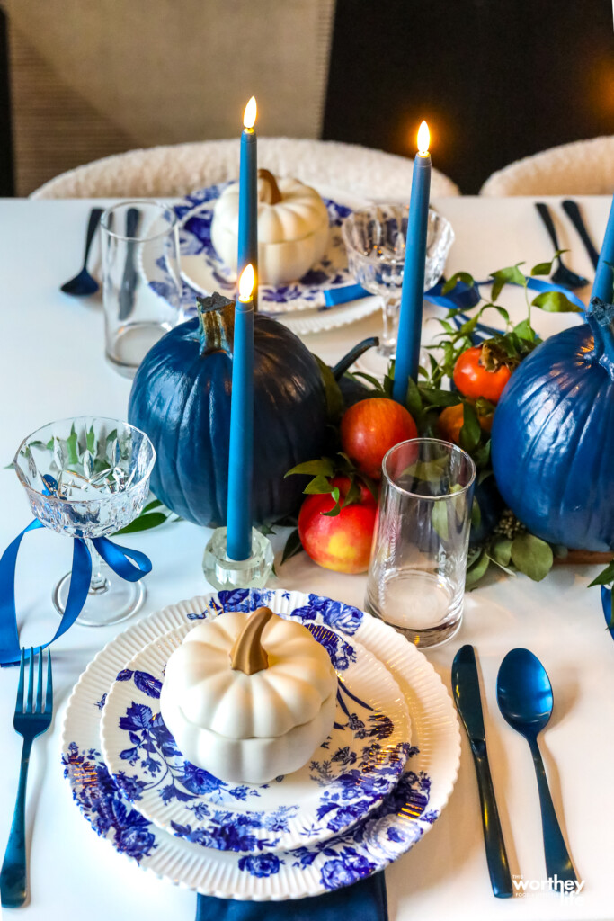 blue and white thanksgiving tablescape