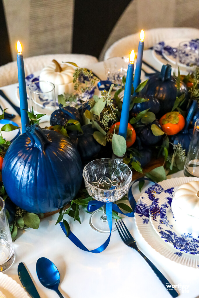 blue and white fall table setting