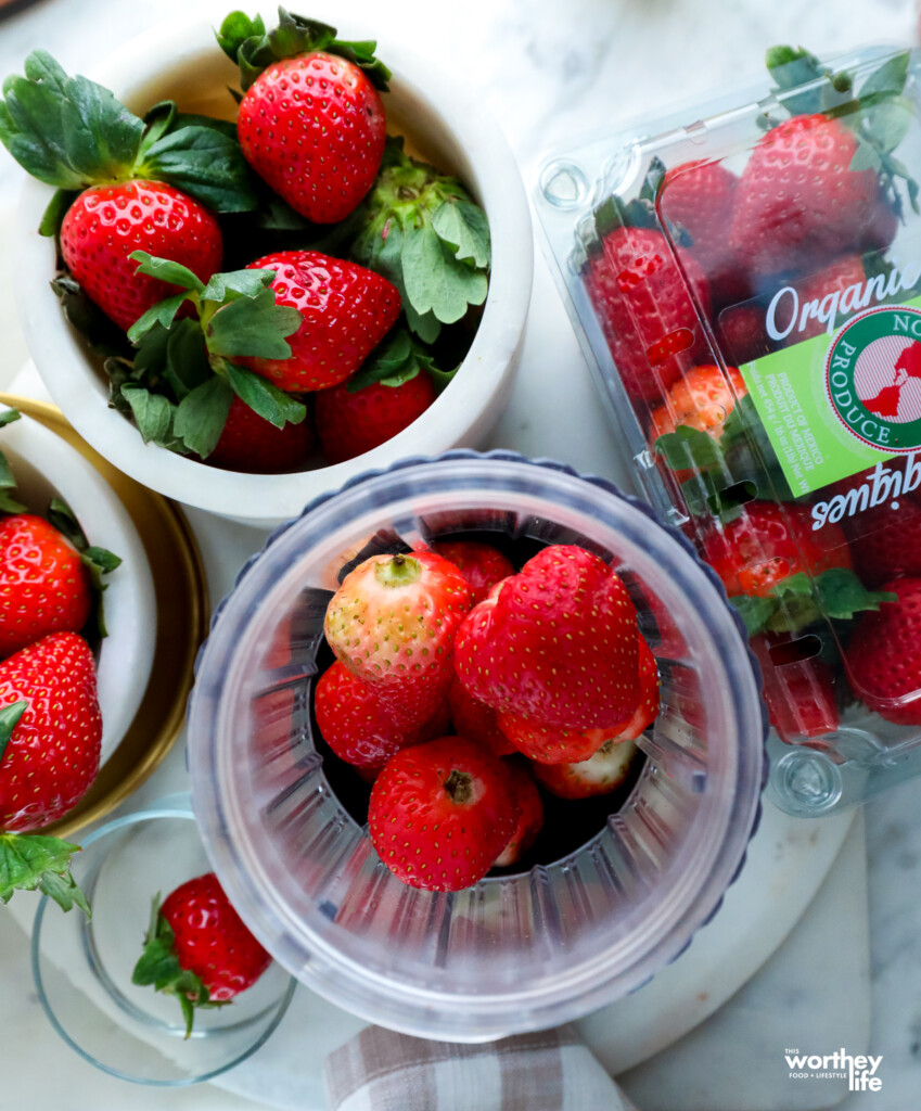 fresh plump strawberries in a Beast blender